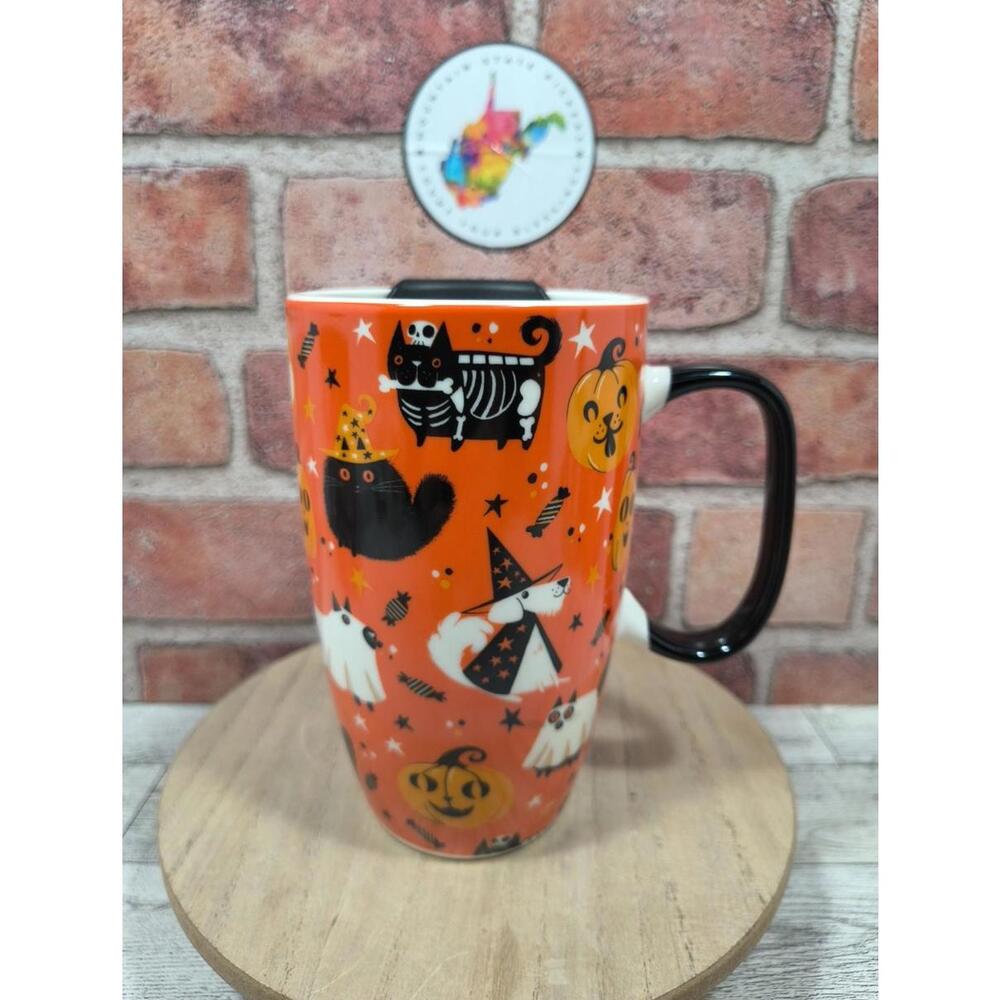 Happy Hauntings Ceramic Travel Mug 16 Oz Dogs And Cats In Halloween Costumes New